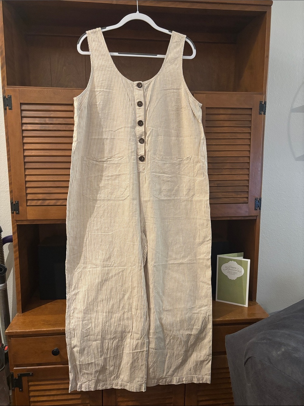 Marine Layer Beige Striped Sleeveless Jumpsuit with Front Buttons